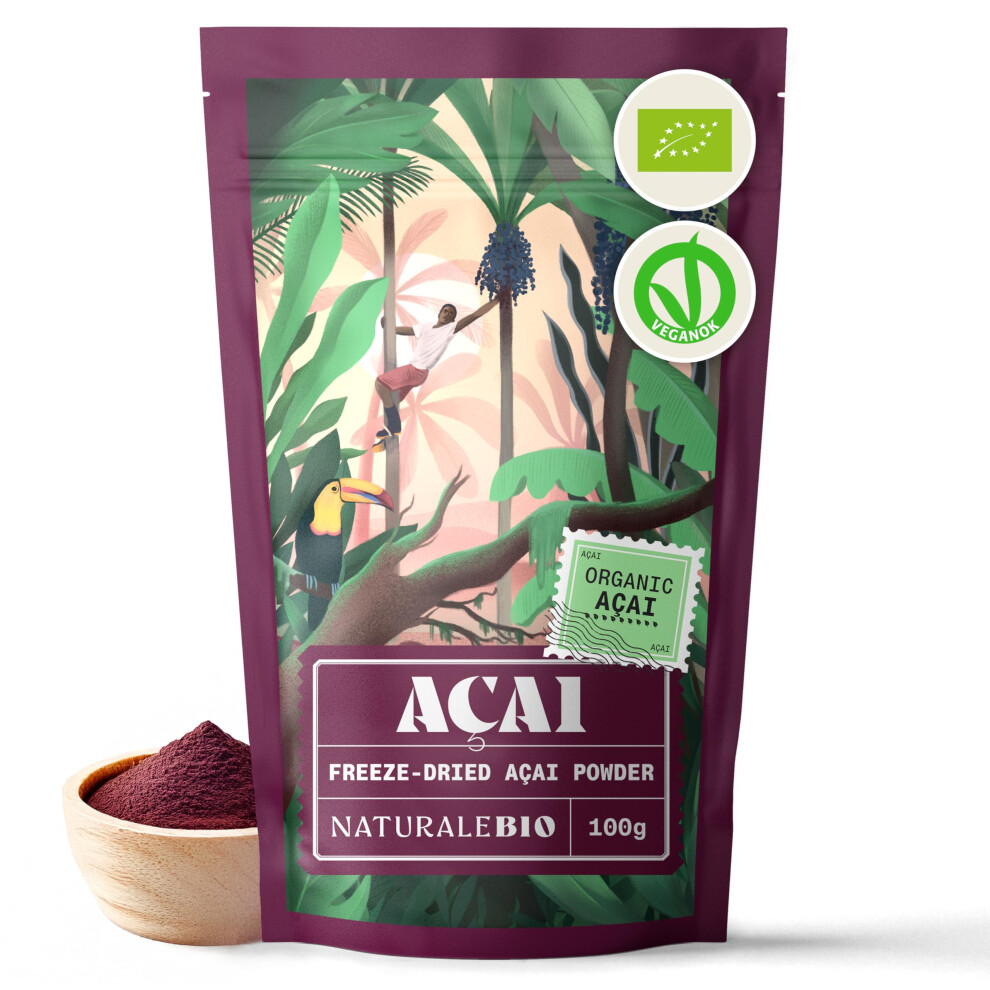 Naturalebio Organic Acai Berries Powder - Freeze-Dried - 100G. Brazilian Acai, Lyophilised, Raw. Extract From Aã§Ai Berry Pulp. Vegan & Vegetarian Fri