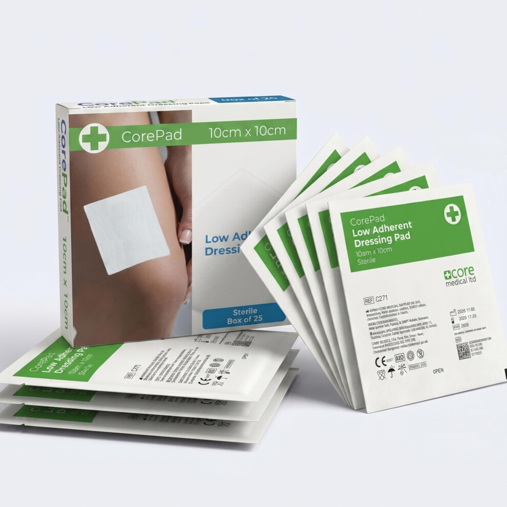 Core Medical Protective Low Adherent Pads (Pack Of 25, 10Cm X 10Cm) - Sterile & Highly Absorbent Wound Dressings To Protect And Promote Healing