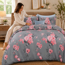 (Single, Grey Bouquet) Luxury Floral Printed Duvet Cover Set | Reversible Designer Bedding | Matching Pillowcases | Hotel Quality