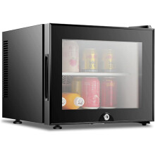 GWWBD Mini Fridge, 20L Glass Door, Stainless Steel, Low Noise, Energy Saving, Lock, Compact, 28-50F Adjustable Thermostat, 26 Can Capacity, Ideal fo