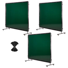 Mobiele Lasafscherming met 3 Panelen en Frame-Duoku-1,74 x 2,34 m, Vlamvertragend Vinyl Gordijn, 12 Wielen, Donkergroen