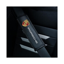 (Porsche) 2pcs Black Car Seat Belt Real-Leather Shoulder Pads Cushion for Car Logo