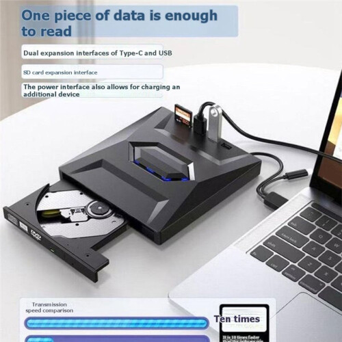 Multi-Functional External Blu-Ray Drive, USB /Type-C Portable VCD/DVD/CD Burner Reader with USB Hub,  Card Reader 1