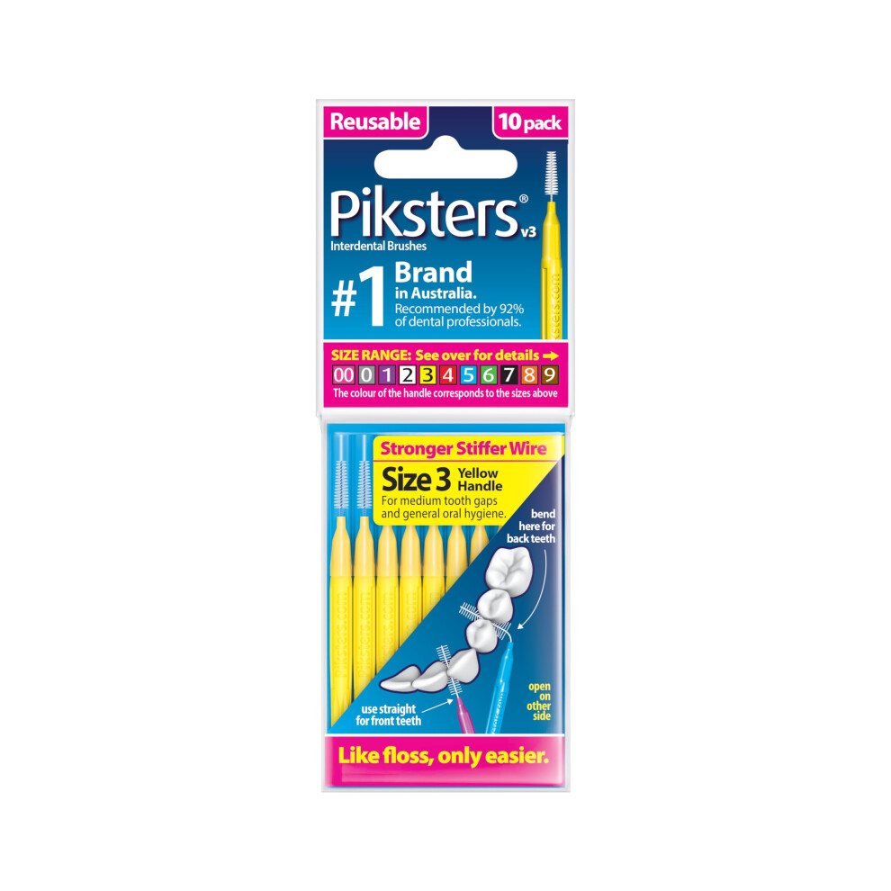 Piksters Interdental Brushes, 10 Pk, Size 3, Interdental Tooth Brush For Medium Gaps, Gum Soft Bristles For Plaque Removal, Safe For Braces
