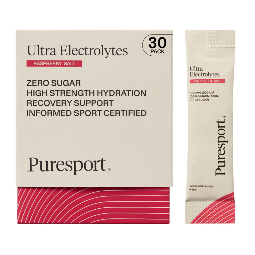 Puresport Ultra Electrolytes Hydration Raspberry Salt Sachets (30 Pack), High Performance Sugar Free Electrolytes Powder, 1000Mg Sodium, Optimise Hyd