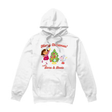 (M, White) Dora The Explorer Mens Happy Holidays Dora & Boots Hoodie