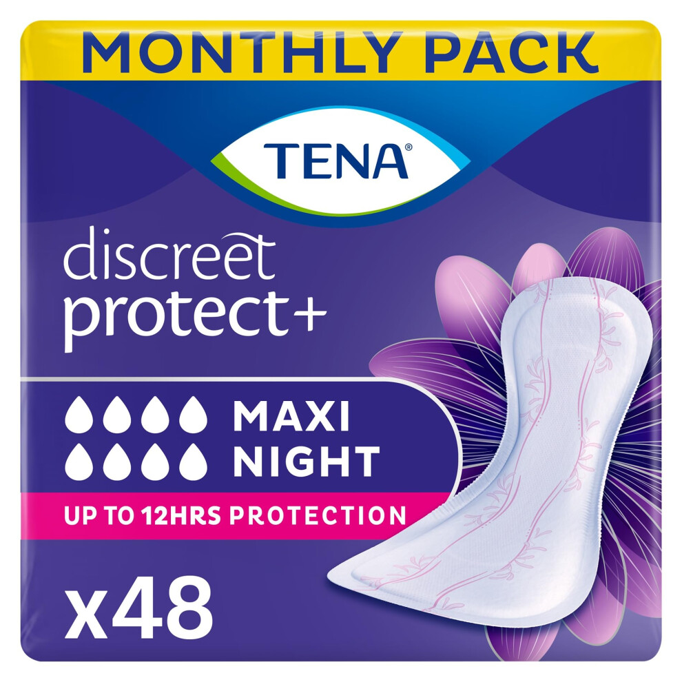 Tena Discreet Maxi Night, Incontinence Pads For Women, Specifically Designed For Night Time Protection With Wider Back And Extra Length, 48 Count (Pa