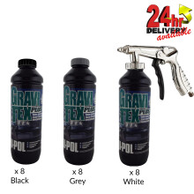 U-Pol GRAVITEX Stone Chip Overpaintable 24 Litre [8xBlack/8xGrey/8xWhite] + Gun