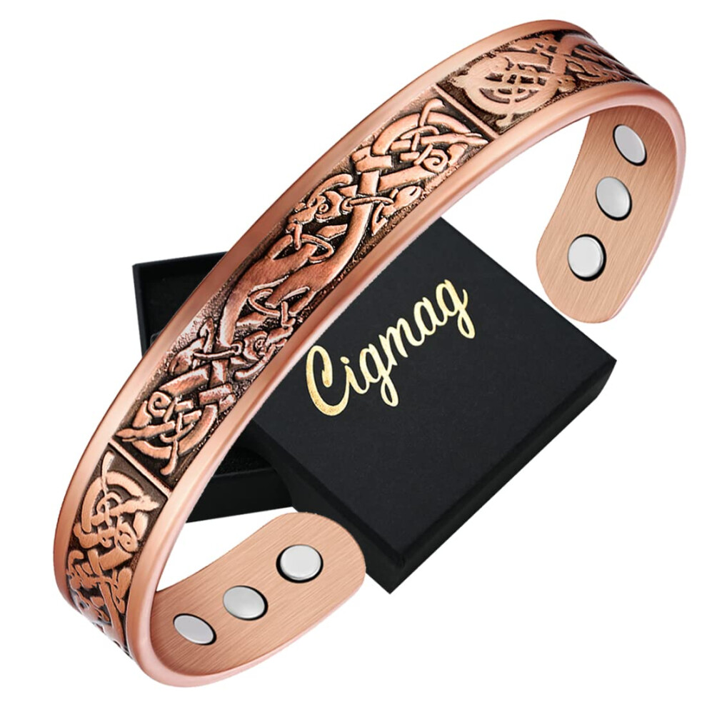 Cigmag Copper Magnetic Bracelets For Men Ultra Strength Magnet Solid Pure Copper Cuff Bangles Adjustable With Present Box (Copper Viking Ireland Patt