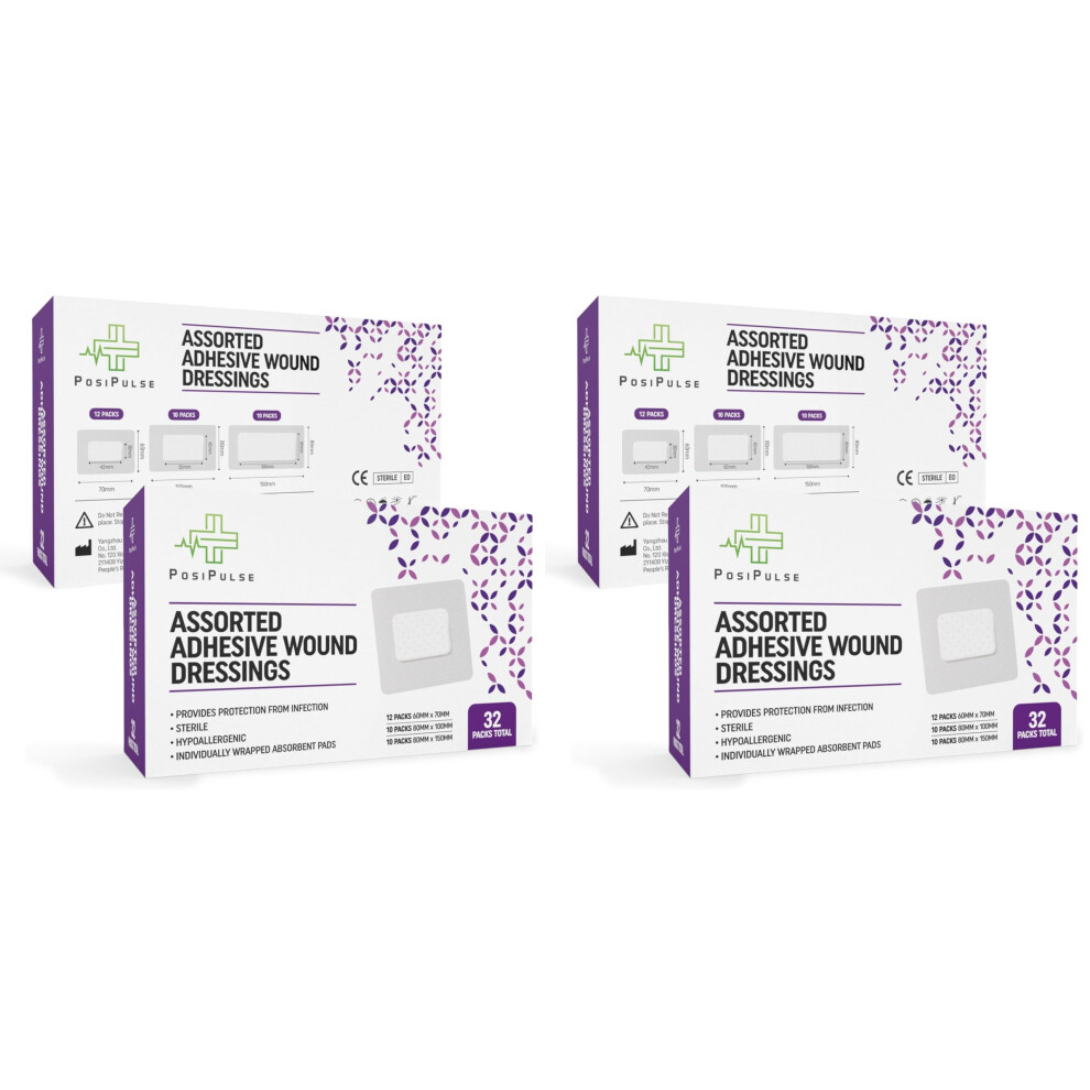 Posi Pulse Assorted Adhesive Wound Dressings - 64 Packs For Protection From Infection, Sterile Individually Wrapped, Hypoallergenic, Breathable, Abso
