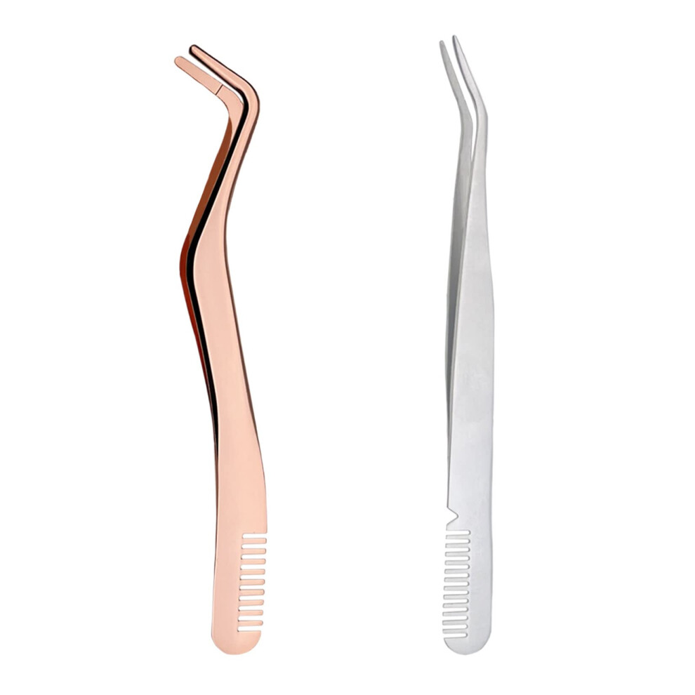 Fofuyim 2 Pcs Eyelash Tweezers, Stainless Steel Eyelash Extension Tweezers, Lash Tweezer With Comb