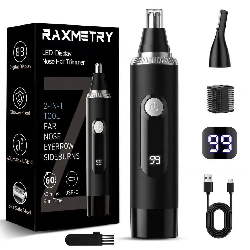 Raxmetry Nose Hair Trimmer For Men,2026 Professional Led Display Painless Ipx7 Waterproof Eyebrow & Facial Hair Trimmer,Usb Rechargeable Dual-Edge Blades,Blac