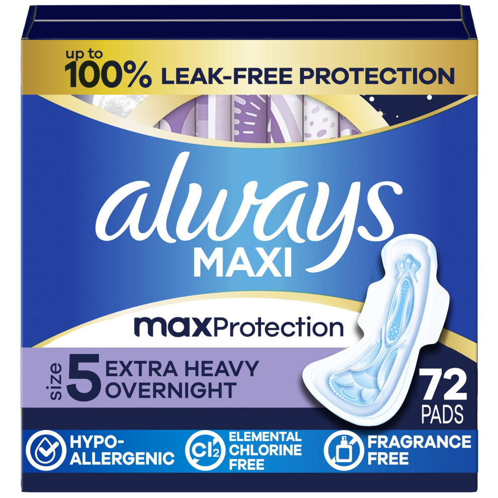 Always Maxi Overnight Pads With Wings, Size 5, Extra Heavy Overnight, Unscented, 72 Count