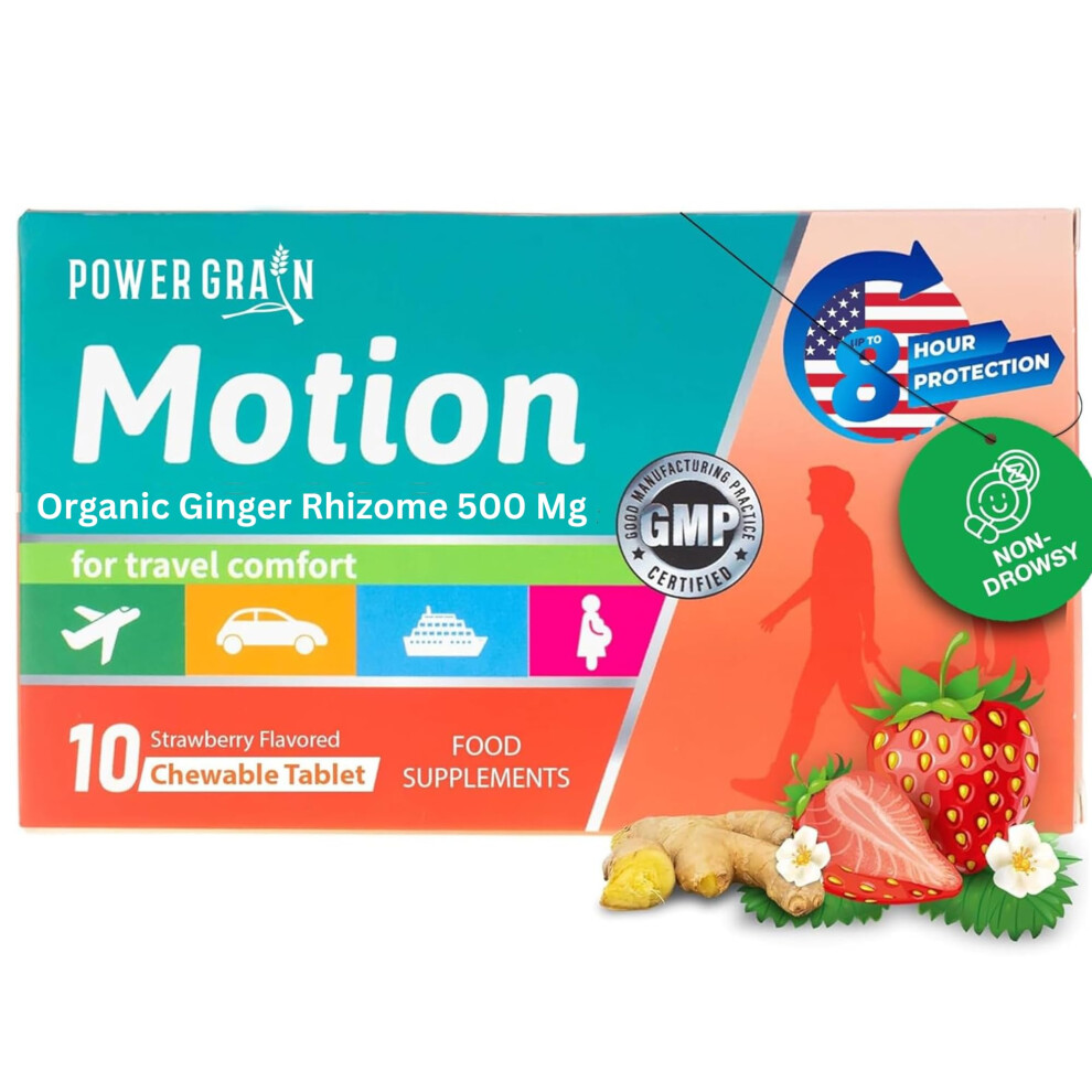 Power Grain Travel & Motion Sickness Tablets - 500Mg Chewable Ginger Rhizome Tablets - Non-Drowsy Nausea & Vomiting Relief - 10 Tablets (Strawberry)