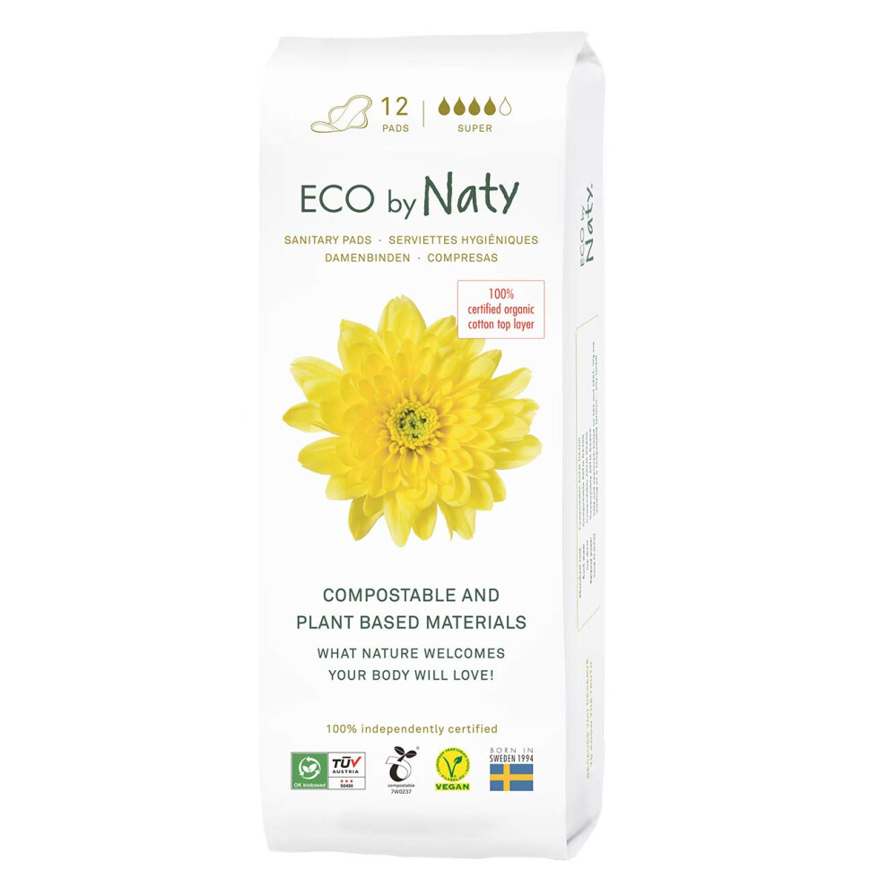 Naty Sanitary Pads Super Â Plantbased And Absorbent For Women, Organic Cotton Menstrual Product, Better For Feminine Health (12 Count)