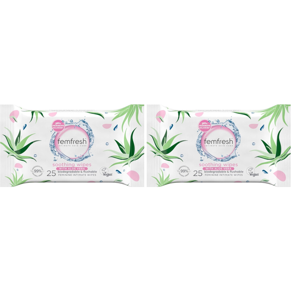Femfresh Soothing Intimate Wipes, Flushable & Biodegradable Feminine Wipes With Aloe Vera & Calendula, Ph Balanced & Hypoallergenic, 25 Count (Pack O