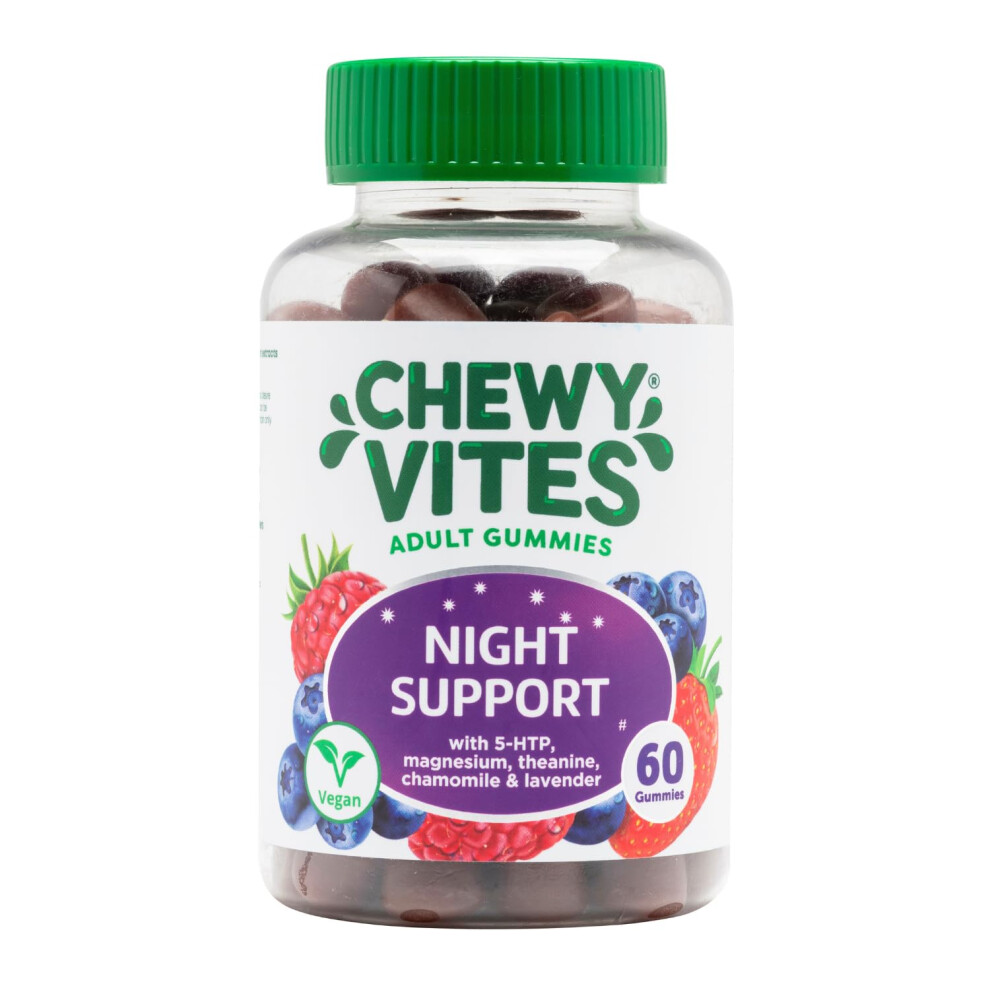 Chewy Vites Adult Night Support, 60 Non-Melatonin Gummies With 5-Htp, Magnesium, Theanine, Chamomile, Lavender, Herbal Night Time Gummies, 1 Months S