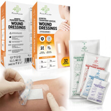 Posi Pulse Assorted Sterile Transparent Island Dressings 32 Pack – Waterproof Hypoallergenic Adhesive Wound Plasters, Absorbent Pad, Individually Wr