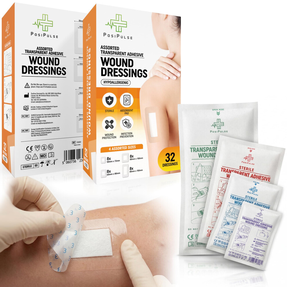 Posi Pulse Assorted Sterile Transparent Island Dressings 32 Pack Â Waterproof Hypoallergenic Adhesive Wound Plasters, Absorbent Pad, Individually Wr