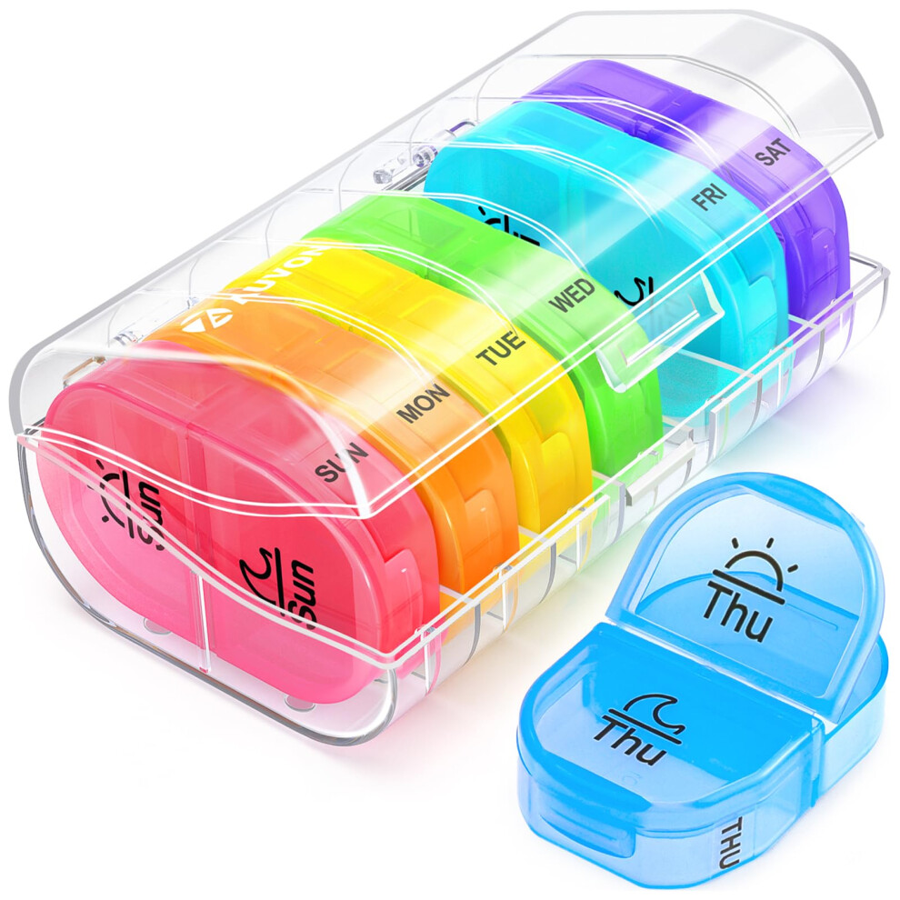 Auvon Pill Box Organiser, Travel Pill Boxes 7 Day 2 Times A Day With 7 Colorful Attachable Tablet Organiser For Medicine, Medication, Vitamin, Supple