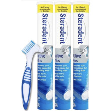 Blue Active Plus Denture Cleaning Tablets 3 Pack with Denture Brush | 90 Tablets (3 x 30) for 3 Month Supply | Daily Denture Cleaning Set for False T