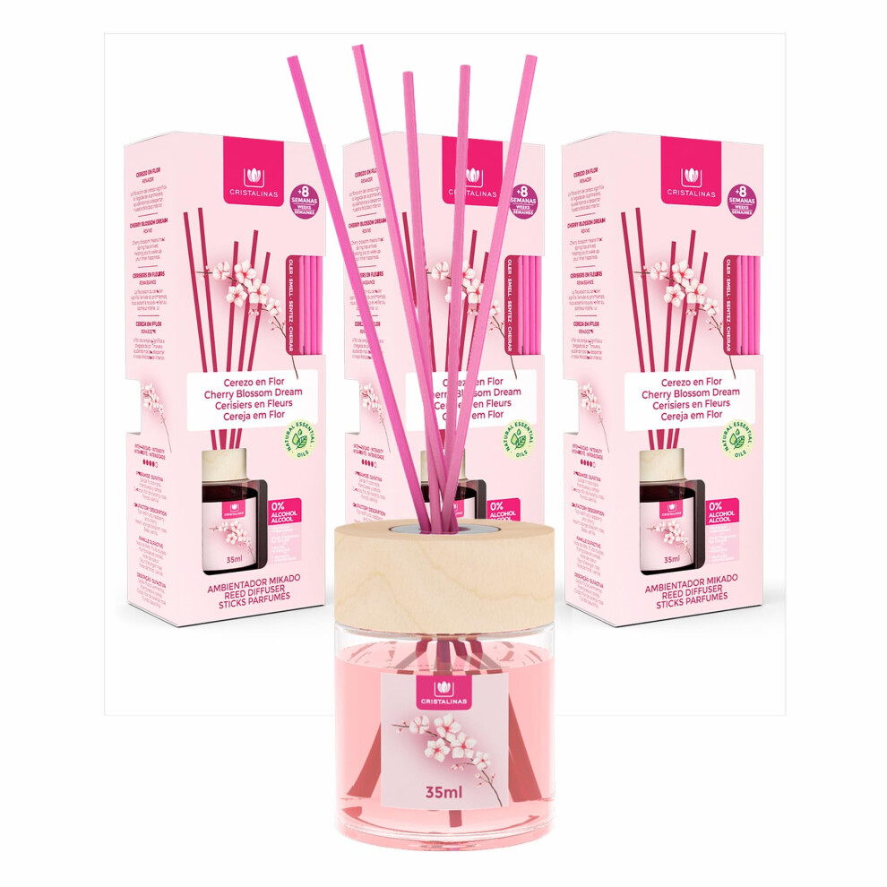 Cristalinas 35Ml Cherry Blossom Air Fresheners For Home - Reed Diffusers For Home - Home Fragrance Lasts Upto 8 Weeks - Room Diffuser Sticks With Col