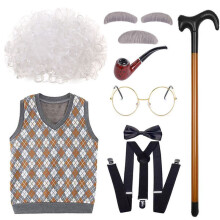 (Orange Vest White Curls, 110cm) Wig Grandfather Durable With Short Black And Gray Hair And Elegant Vest For Creative Ups Dress