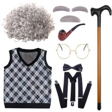 (Black Vest Silver Curls, 110cm) Wig Grandfather Durable With Short Black And Gray Hair And Elegant Vest For Creative Ups Dress