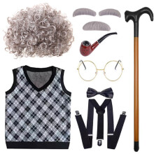 (Black Vest Light Brown Curls, 160cm) Wig Grandfather Durable With Short Black And Gray Hair And Elegant Vest For Creative Ups Dress