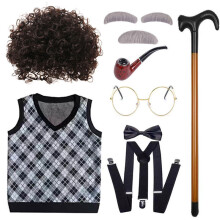 (Black Vest Dark Brown Curls, 130cm) Wig Grandfather Durable With Short Black And Gray Hair And Elegant Vest For Creative Ups Dress