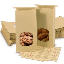 Cyblinia 50 Bolsas de Papel Kraft con Ventana - 4.5 x 2.56 x 9.6 Pulgadas, Bolsas con Cierre para Alimentos