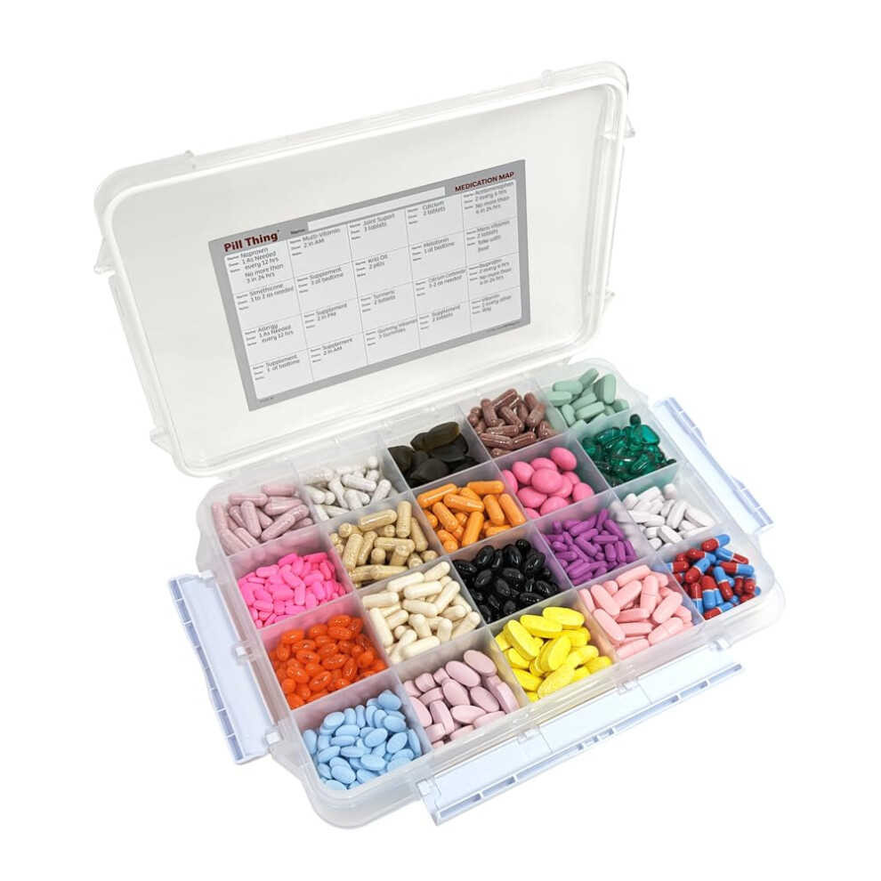 Pill Thing 20 Compartment Large Pill Case With Airtight Seal - Silicone Gasket Waterproof Med Box With Medication Map (20 Compartment, 1 Pack)
