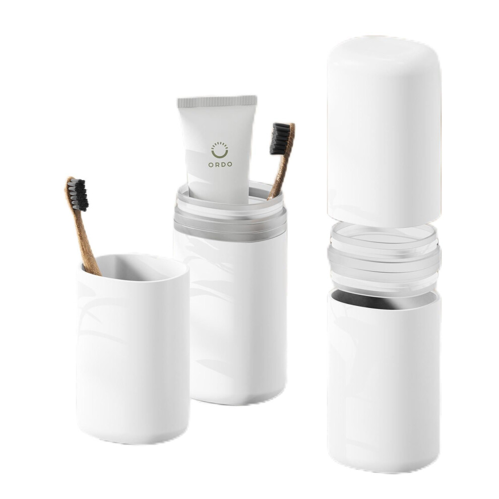 Feryes Travel Toothbrush And Toothpaste Holder - Large Capacity Oral Care Tools Organizer With Mouthwash Cups, Portable Tooth Brushes Case - White