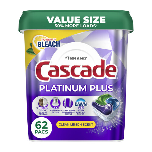 Cascade Platinum Plus Diskmaskin Pods, Diskmedel, Ren Citron Doft, 62 Stycken