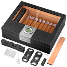 TISFA Cigar Humidor Box Set med V Cutter, Rak Cutter, Hål Punch, Hygrometer, Justerbar Fuktare, Separator