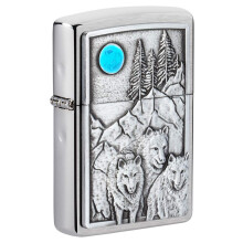 Accendino Zippo Wolf Pack e Emblema della Luna in Cromo Spazzolato