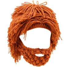 Punk-Style Knitted Cap with Funny Wig and Beard, Handmade Knit Insane Scientist Hip Hop Beanie,Warm Winter Hat Orange