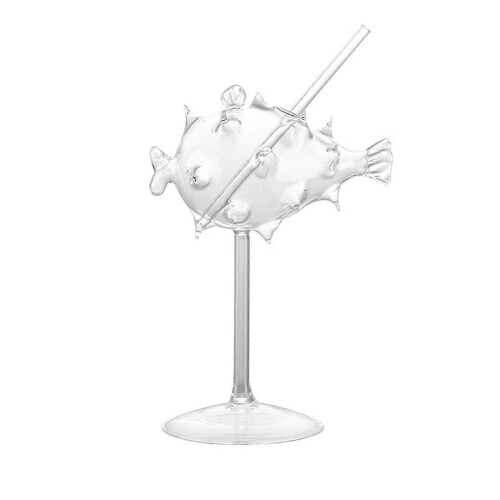 Party Drinkware Glass, 200ml Creative Pufferfish Martini Goblet with Straw