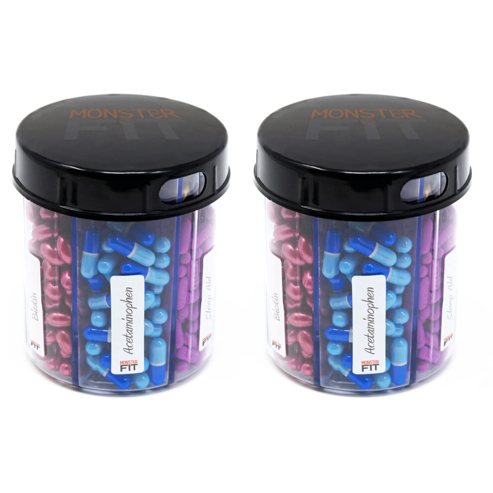 Pill Thing Monster Jr Supplement Pill Dispenser With Labels - Holds Small Medium Medication Vitamins And Easily Dispense From One Container Includes Compartment