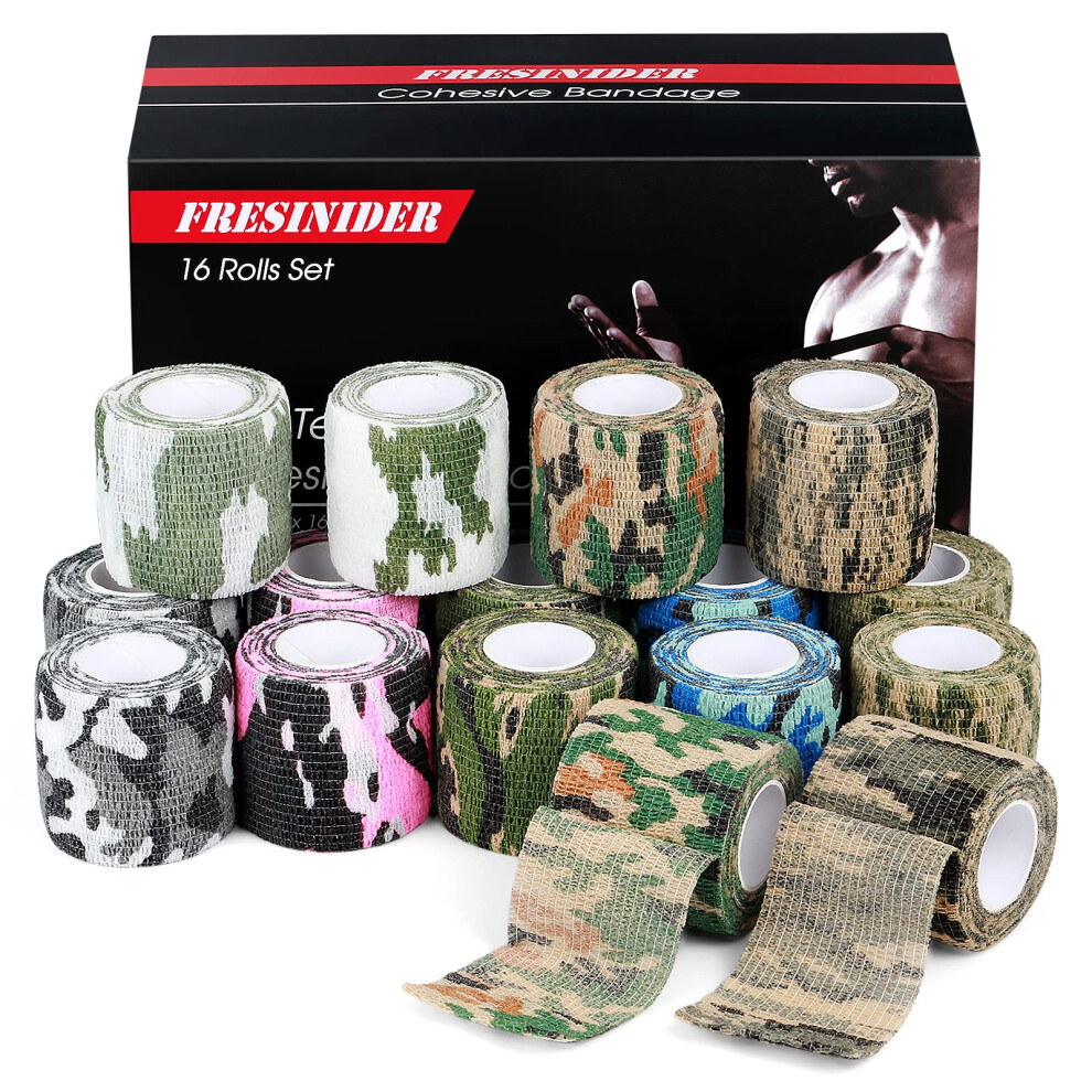 Fresinider 16 Rolls Self Adhesive Wrap Athletic Tape Gauze,Medical Bandage,Breathable Elastic Cohesive Bandage For Sports Injury & Pet (Camo)