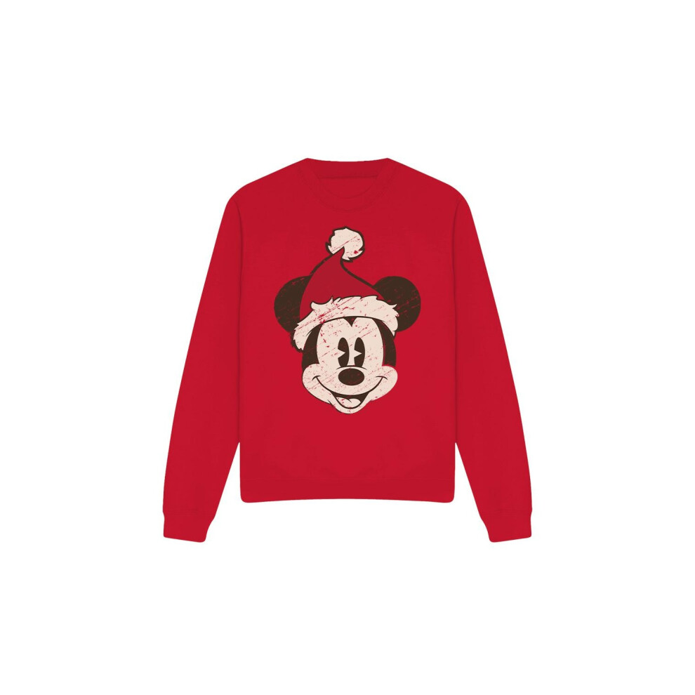 Disney (L, Red) Unisex Adult Mickey Mouse Santa Face Sweatshirt