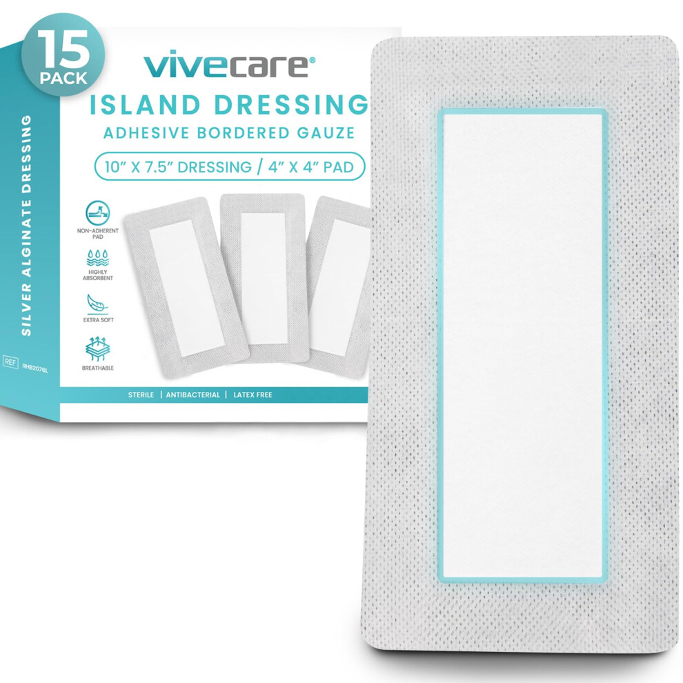 Vive Care Adhesive Border Gauze 4"X8" (15Pcs) - Bordered Non-Stick Island Dressing - Absorbent Wound Care Dressing - Breathable Sterile Bed Sore Banda