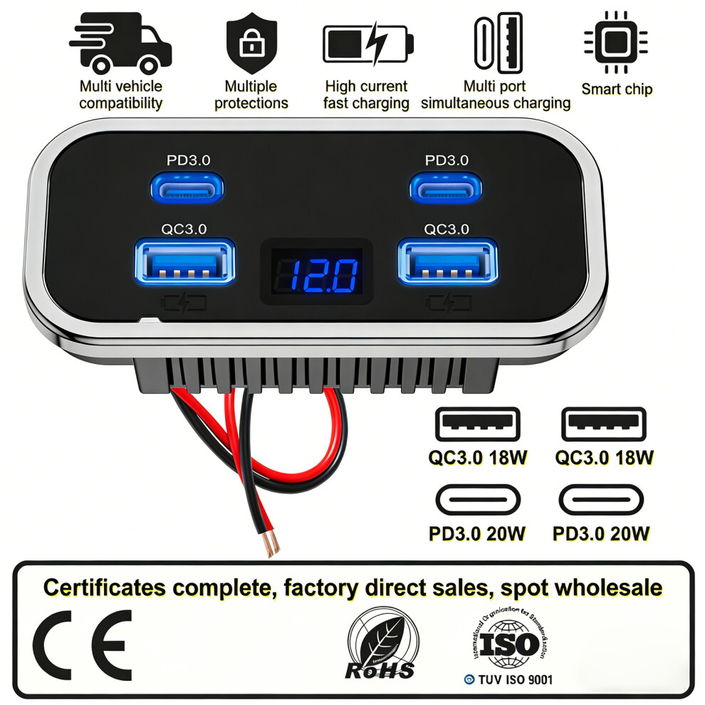 Double Usb Pd Qc3.0 Chargers Socket 4 Ports Voltmeter Display Plastic For Vehicl 7754004711167