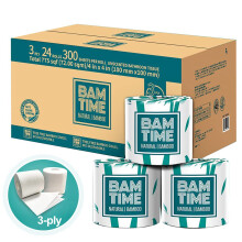 Toiletpapier, 100% 3-laags bamboe toiletpapier, 24 rollen, 300 vellen, 7200 stuks, plasticvrij