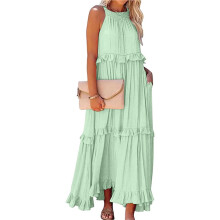 Womens Resort Style Ruffled Long Dress Round Neck Sleeveless Flowy Beach Dress with Pockets Mint Green Calico XXL