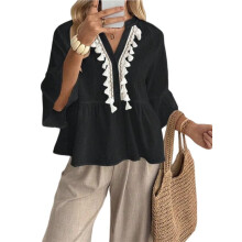 Women'S Solid V-Neck Tassel Trim 3/4 Sleeve Peplum Blouse Black S