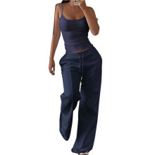 Women'S Ribbed Tank Top & Drawstring Wide Leg Pants Two-Piece Set Navy XS