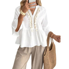 Women'S Solid V-Neck Tassel Trim 3/4 Sleeve Peplum Blouse White S