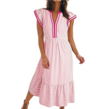 Women'S Dresses Summer V-Neck Ruffle Cap Sleeve High Waist Stripe Midi Maxi Dress with Pockets Red S