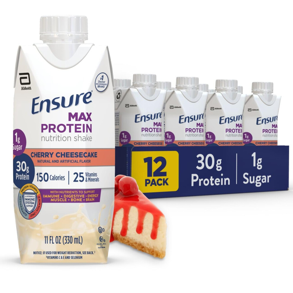 Ensure Max Protein Nutrition Shake, With 30G Of Protein, 1G Of Sugar, High Protein Shake, Cherry Cheesecake, 11 Fl Oz, (Pack Of 12)